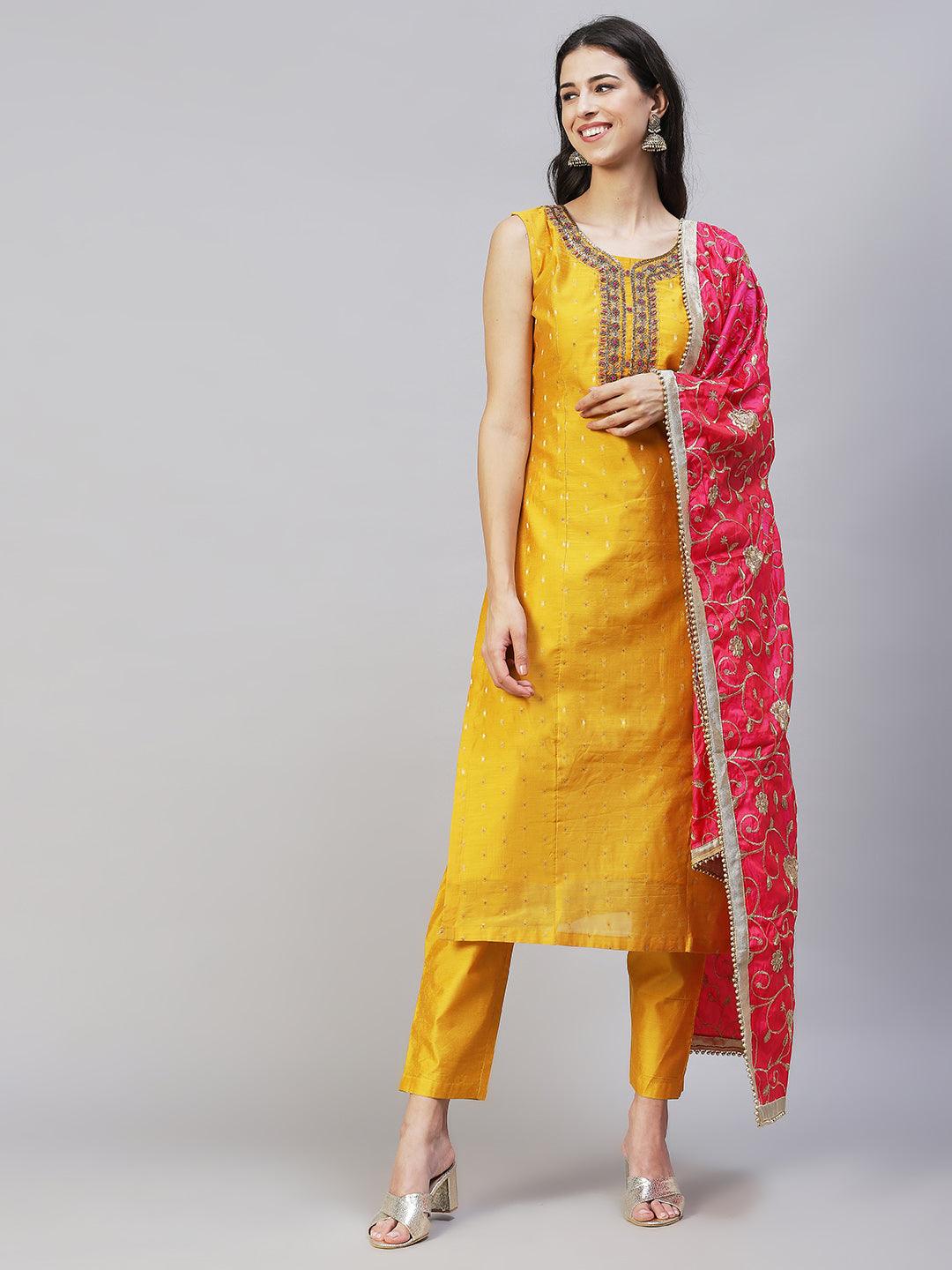 Floral Hand Embroidered Kurta with Pants & Dupatta - Yellow - Indiakreations