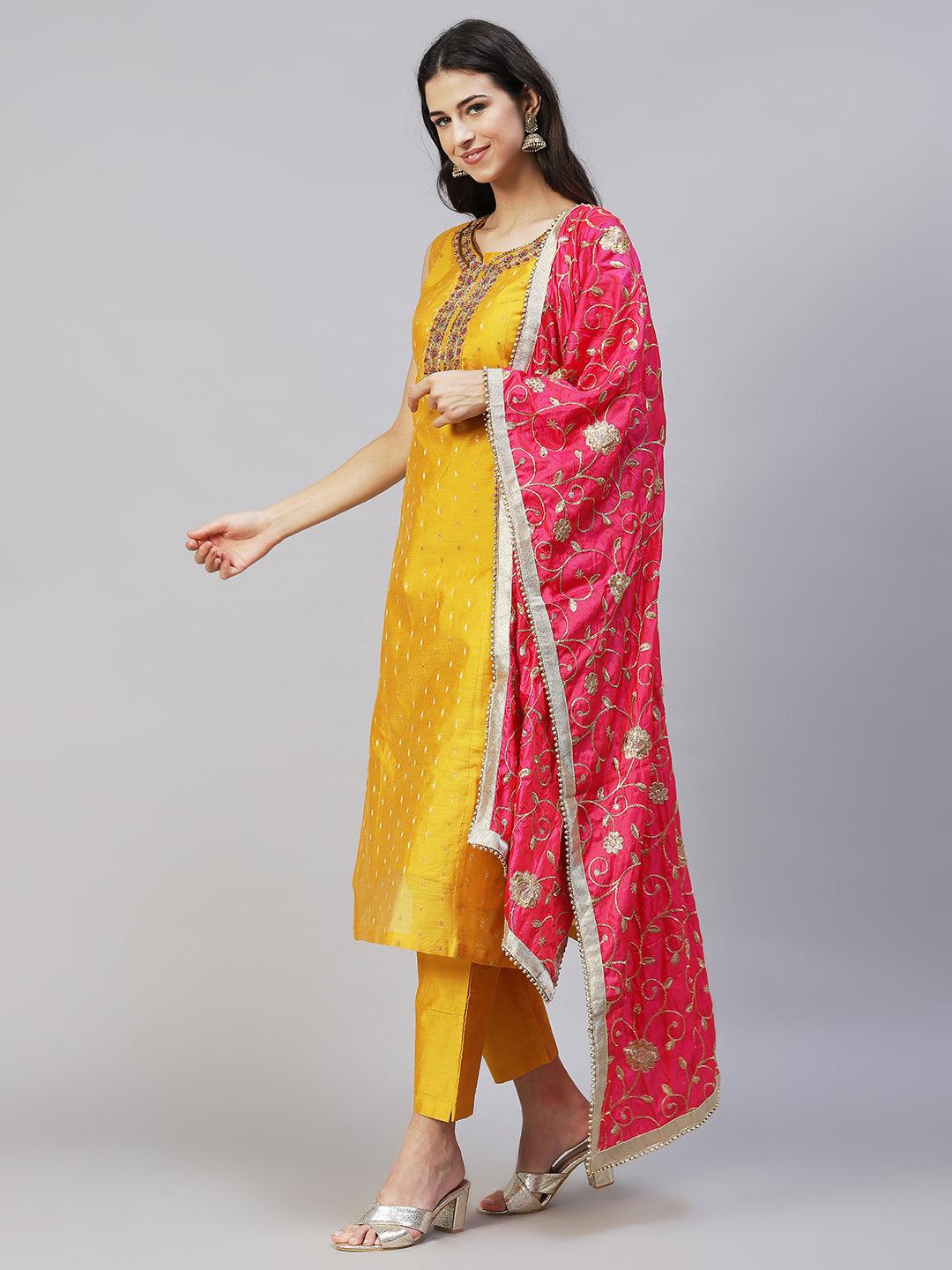 Floral Hand Embroidered Kurta with Pants & Dupatta - Yellow - Indiakreations