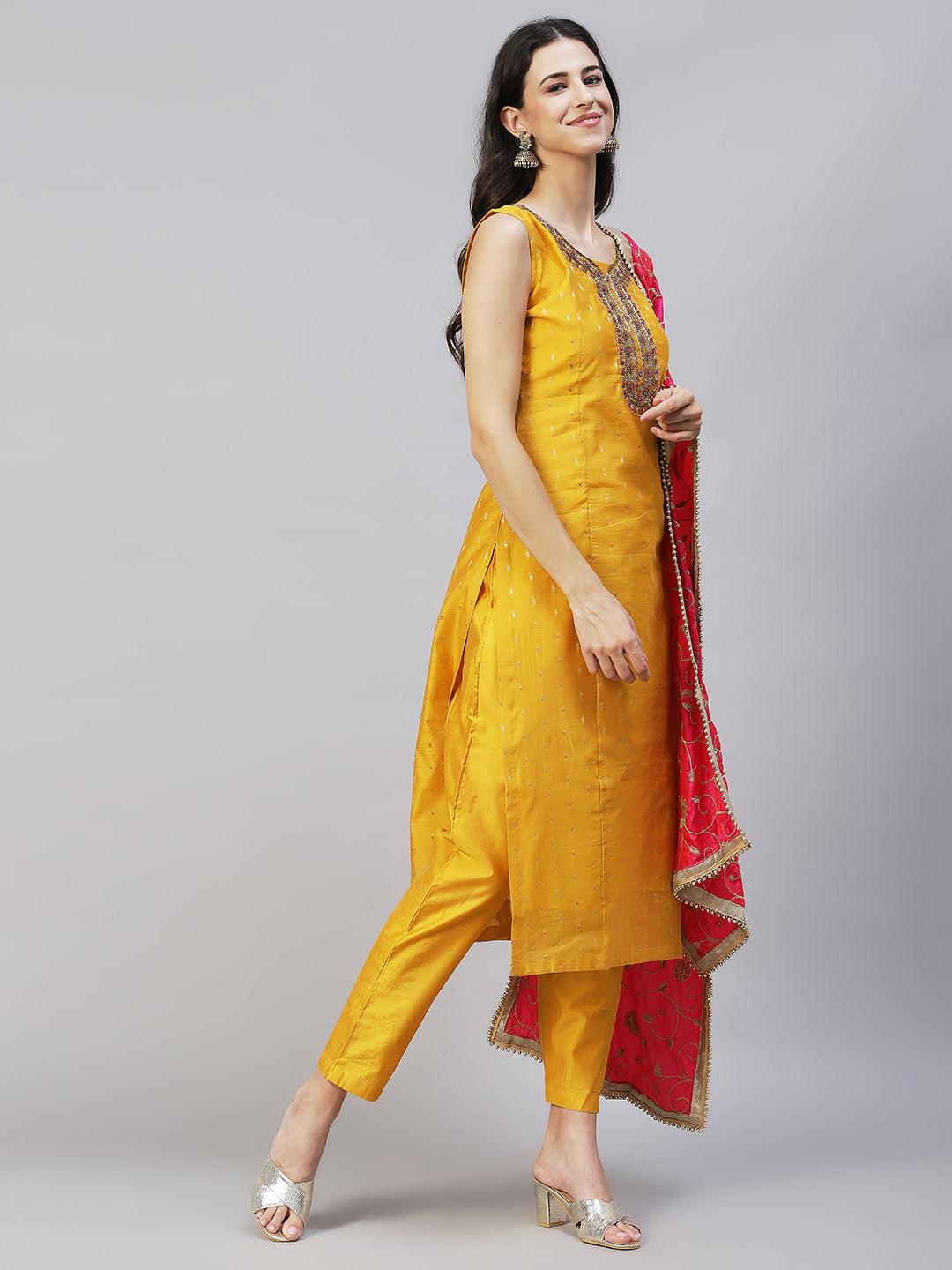 Floral Hand Embroidered Kurta with Pants & Dupatta - Yellow - Indiakreations