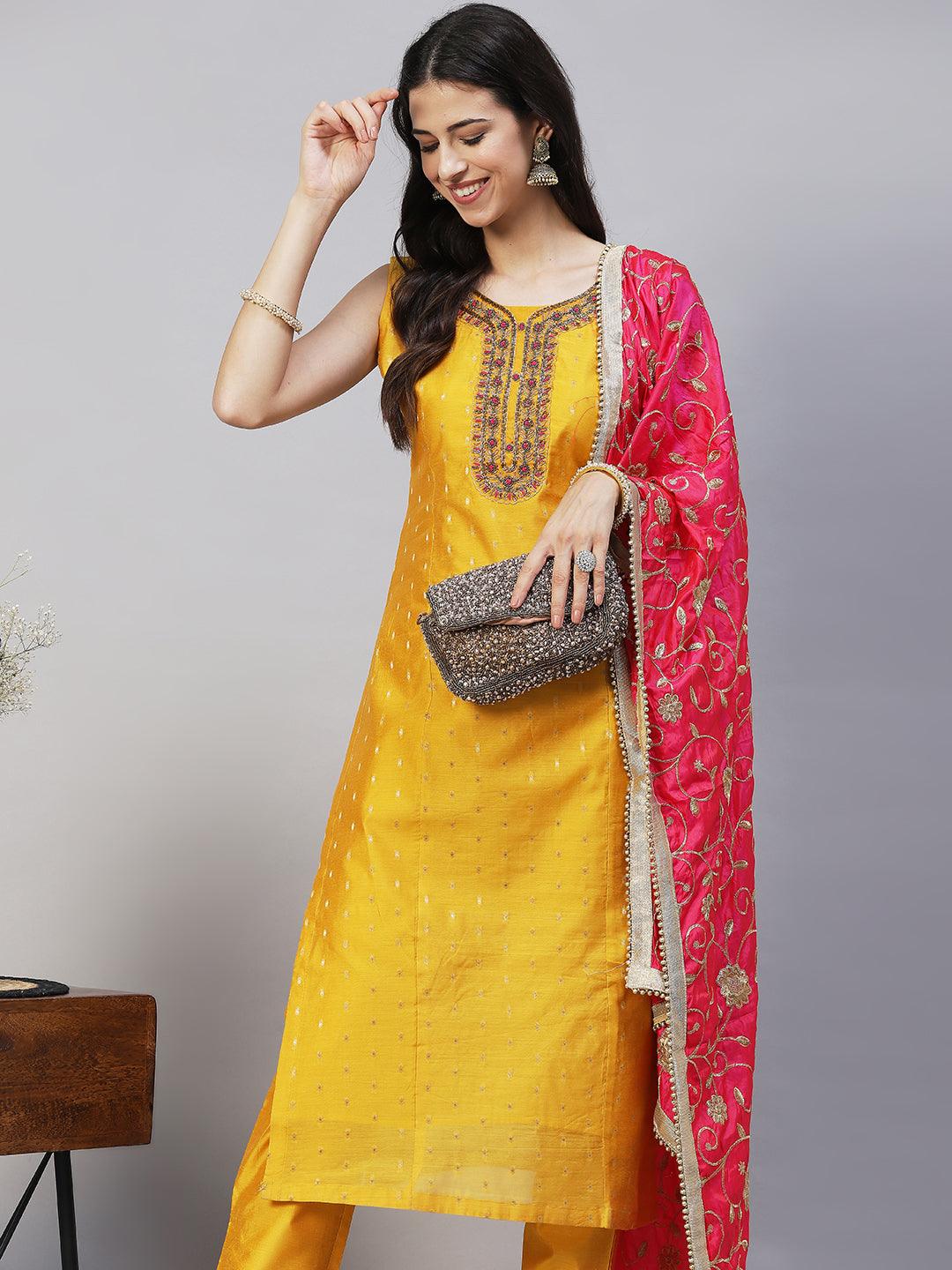 Floral Hand Embroidered Kurta with Pants & Dupatta - Yellow - Indiakreations