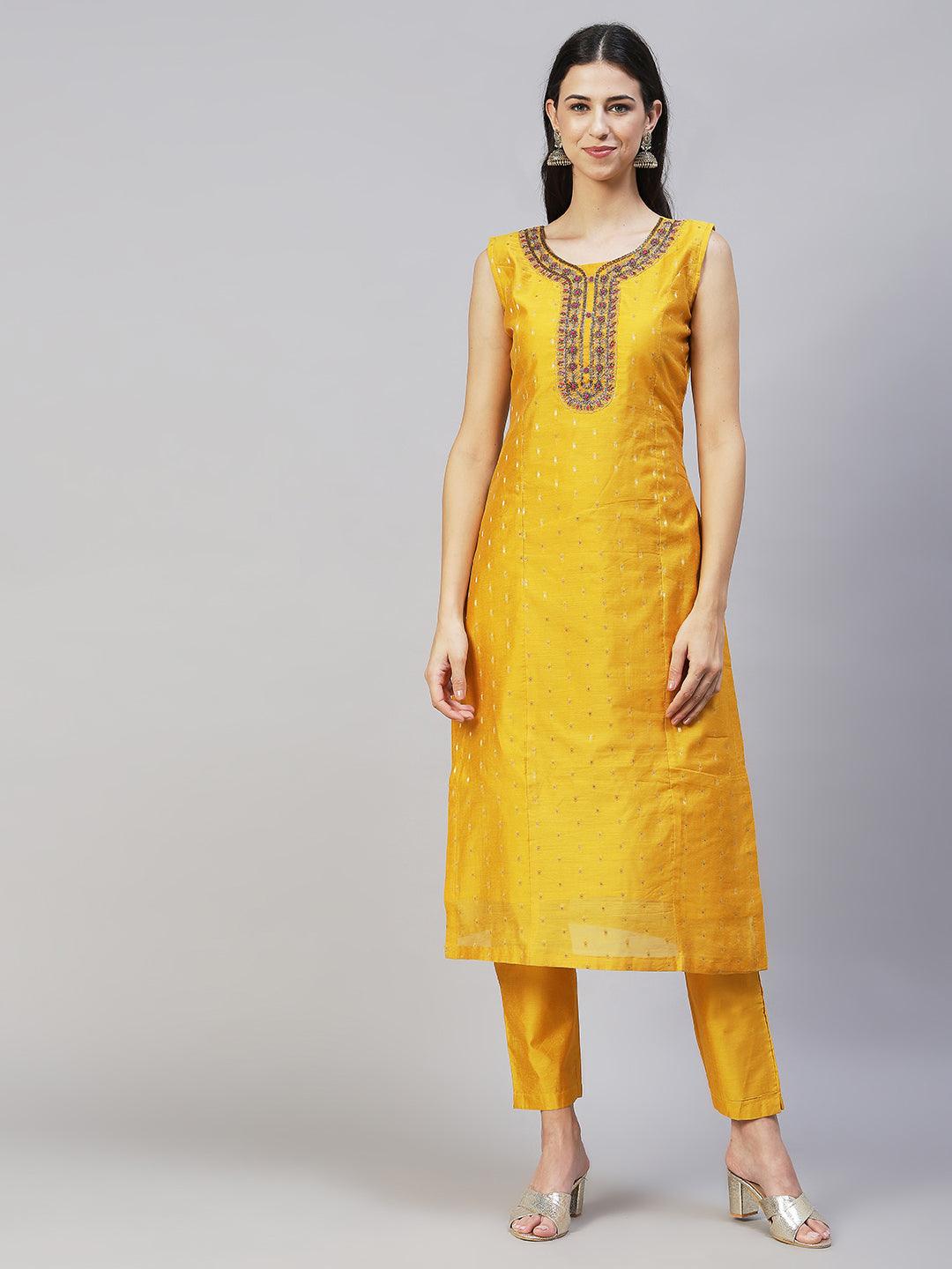 Floral Hand Embroidered Kurta with Pants & Dupatta - Yellow - Indiakreations