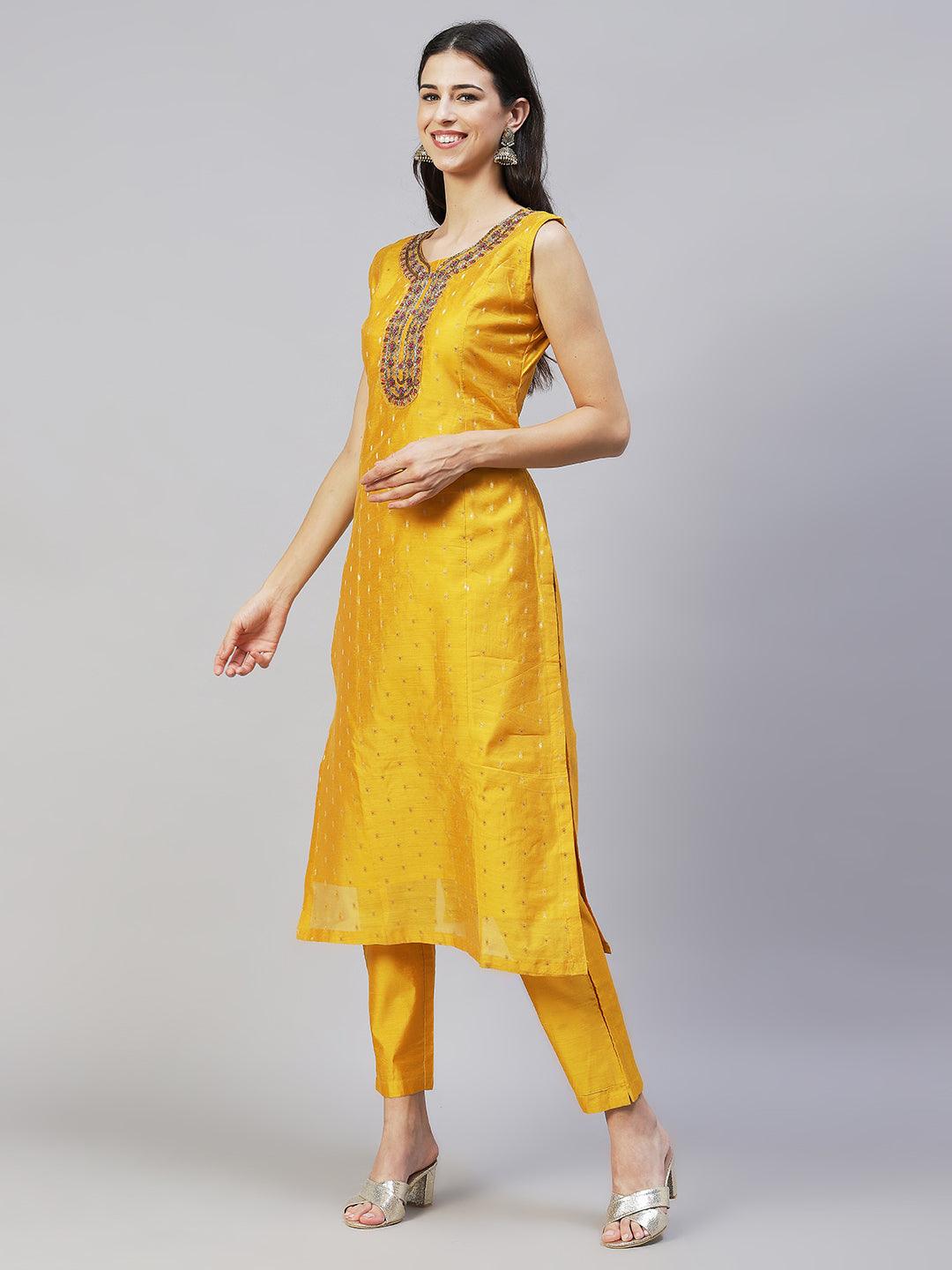 Floral Hand Embroidered Kurta with Pants & Dupatta - Yellow - Indiakreations