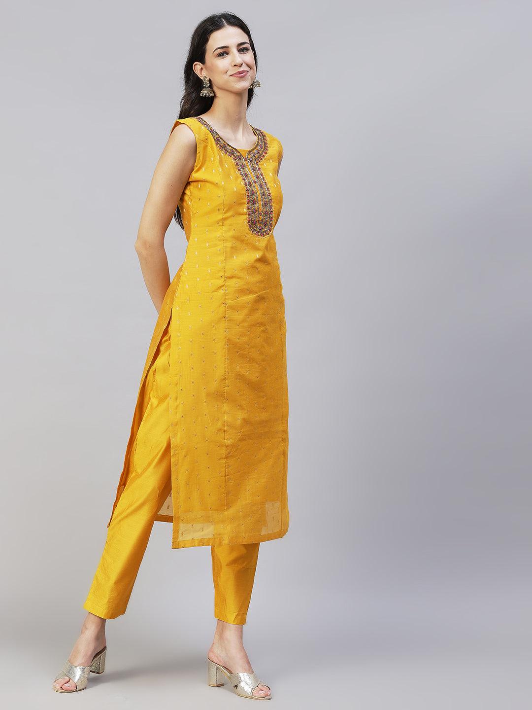 Floral Hand Embroidered Kurta with Pants & Dupatta - Yellow - Indiakreations