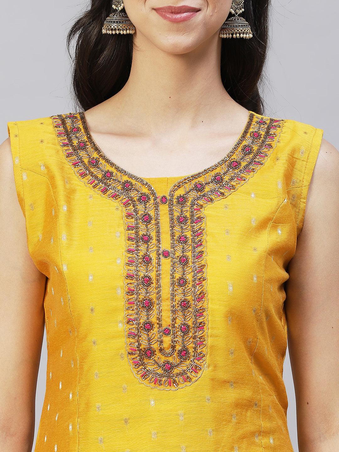 Floral Hand Embroidered Kurta with Pants & Dupatta - Yellow - Indiakreations