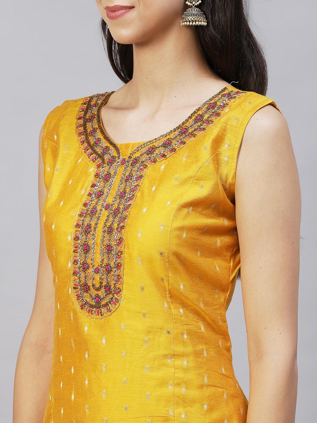 Floral Hand Embroidered Kurta with Pants & Dupatta - Yellow - Indiakreations