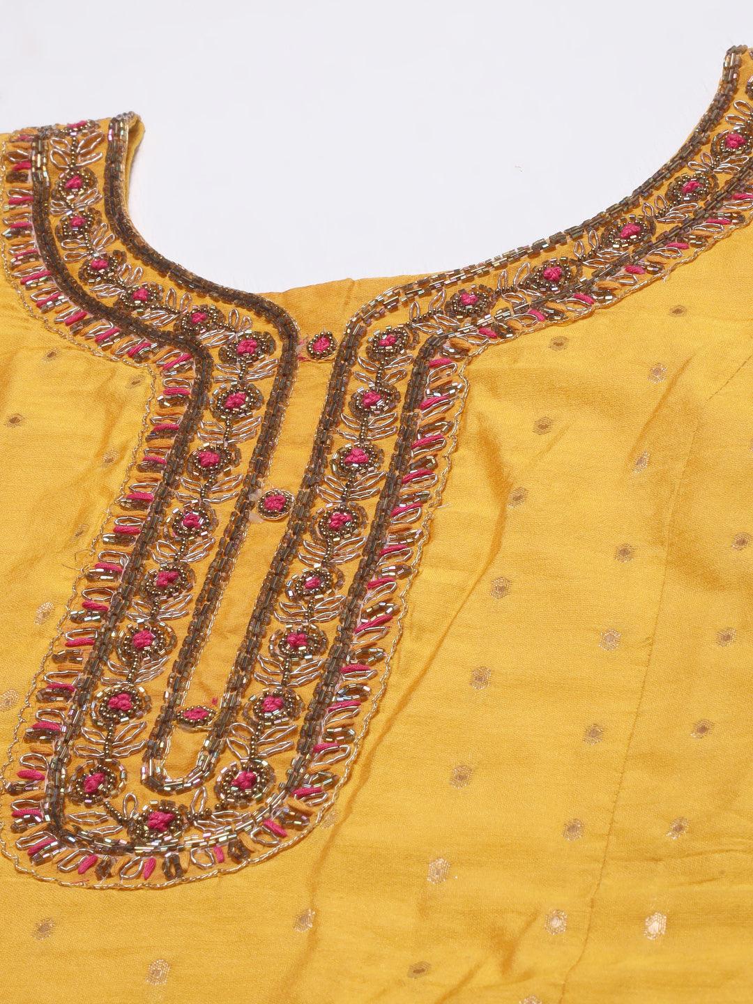 Floral Hand Embroidered Kurta with Pants & Dupatta - Yellow - Indiakreations