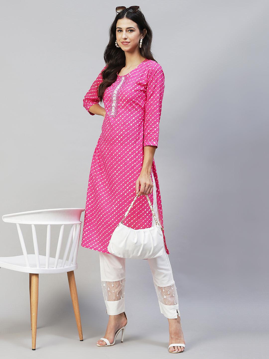 Leheriya Printed & Hand Embroidered Straight Fit Kurta - Pink - Indiakreations