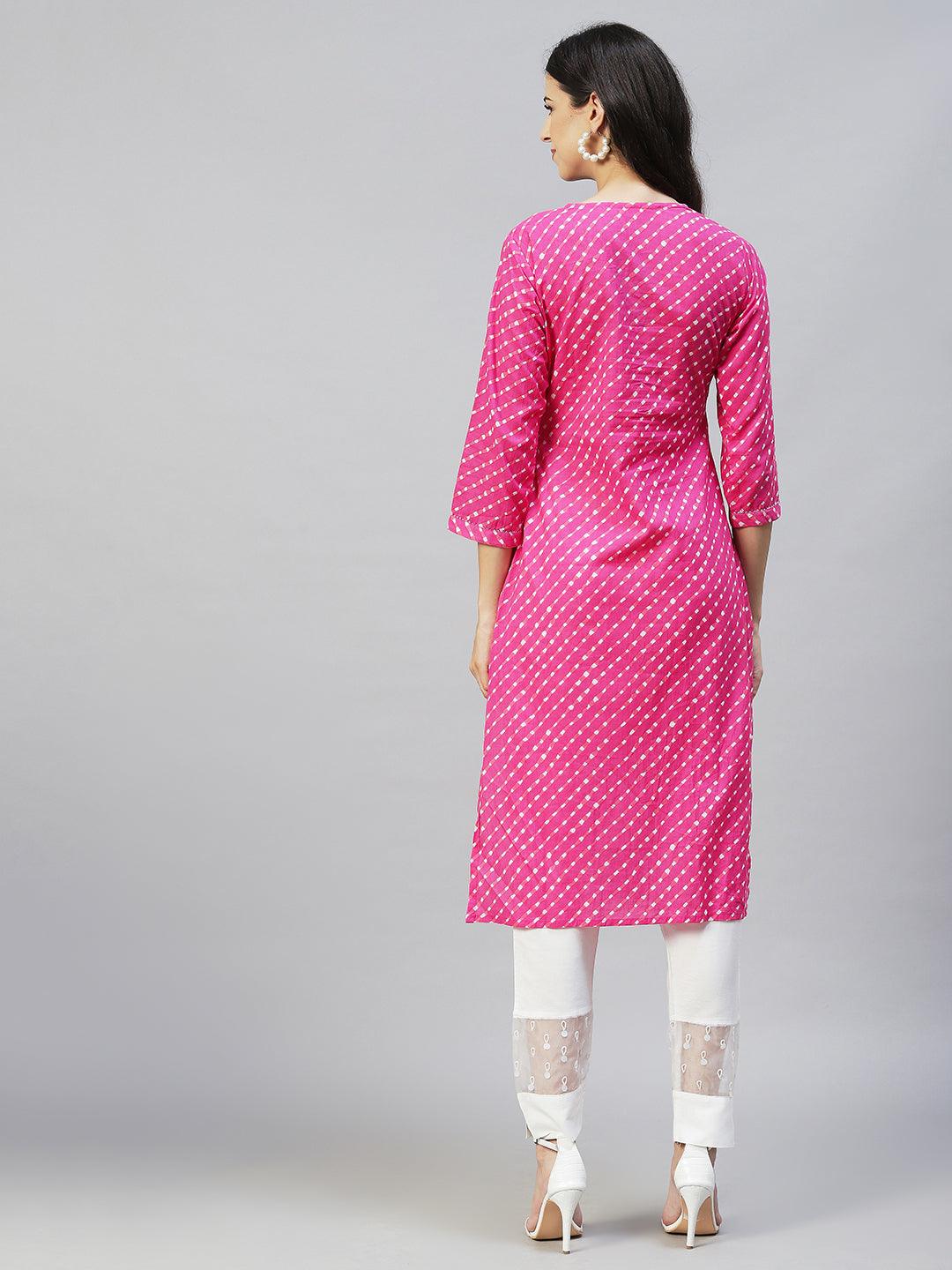 Leheriya Printed & Hand Embroidered Straight Fit Kurta - Pink - Indiakreations