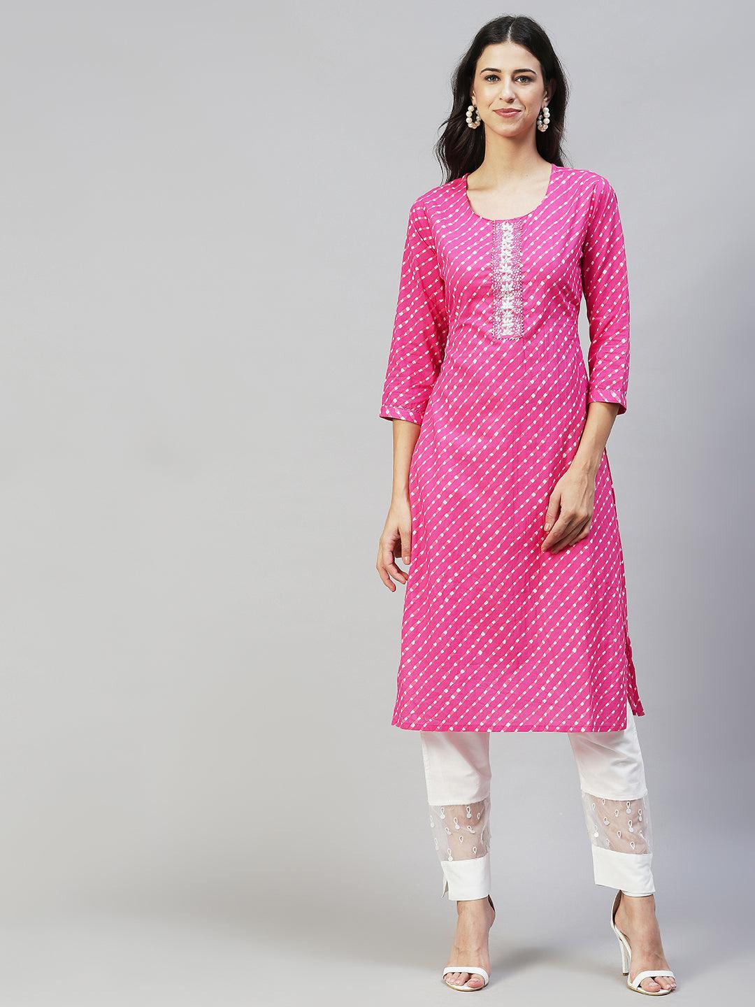 Leheriya Printed & Hand Embroidered Straight Fit Kurta - Pink - Indiakreations