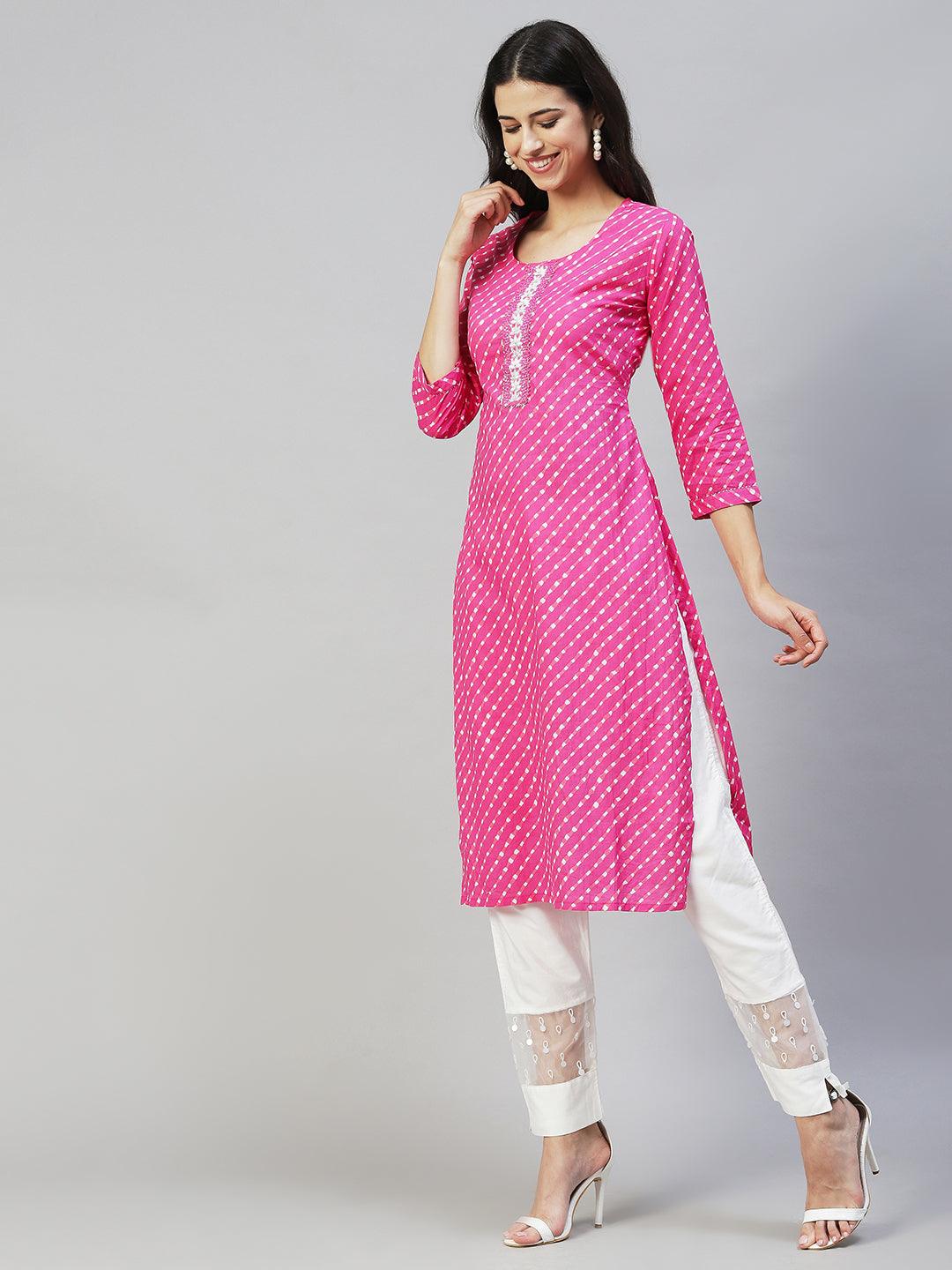 Leheriya Printed & Hand Embroidered Straight Fit Kurta - Pink - Indiakreations