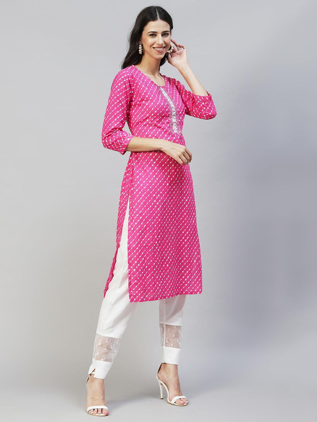 Leheriya Printed & Hand Embroidered Straight Fit Kurta - Pink - Indiakreations