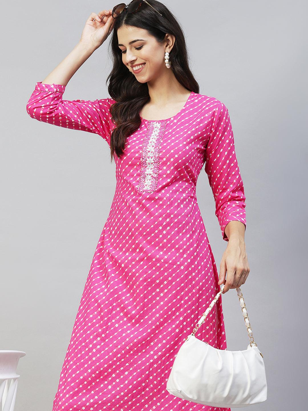 Leheriya Printed & Hand Embroidered Straight Fit Kurta - Pink - Indiakreations