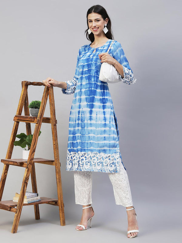 Tie-Dye & Embroidered Straight Kurta with Pants - Blue - Indiakreations