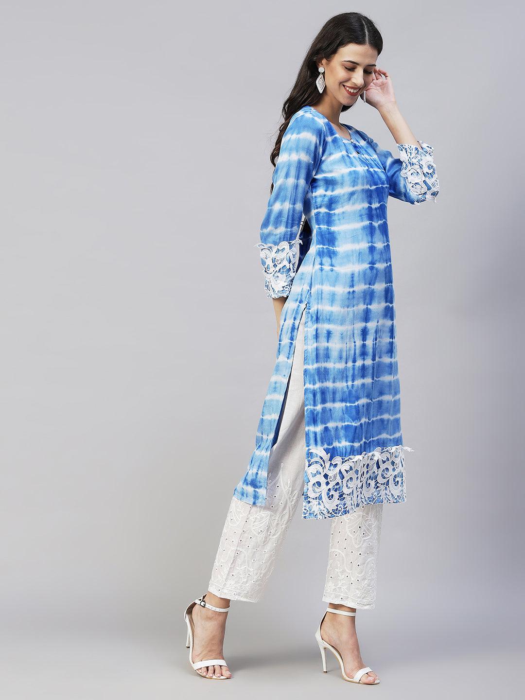 Tie-Dye & Embroidered Straight Kurta with Pants - Blue - Indiakreations