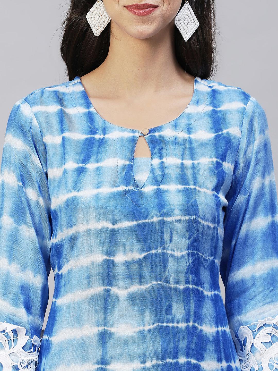 Tie-Dye & Embroidered Straight Kurta with Pants - Blue - Indiakreations