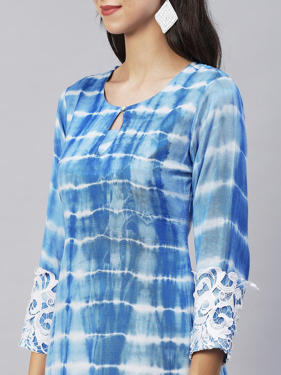 Tie-Dye & Embroidered Straight Kurta with Pants - Blue - Indiakreations