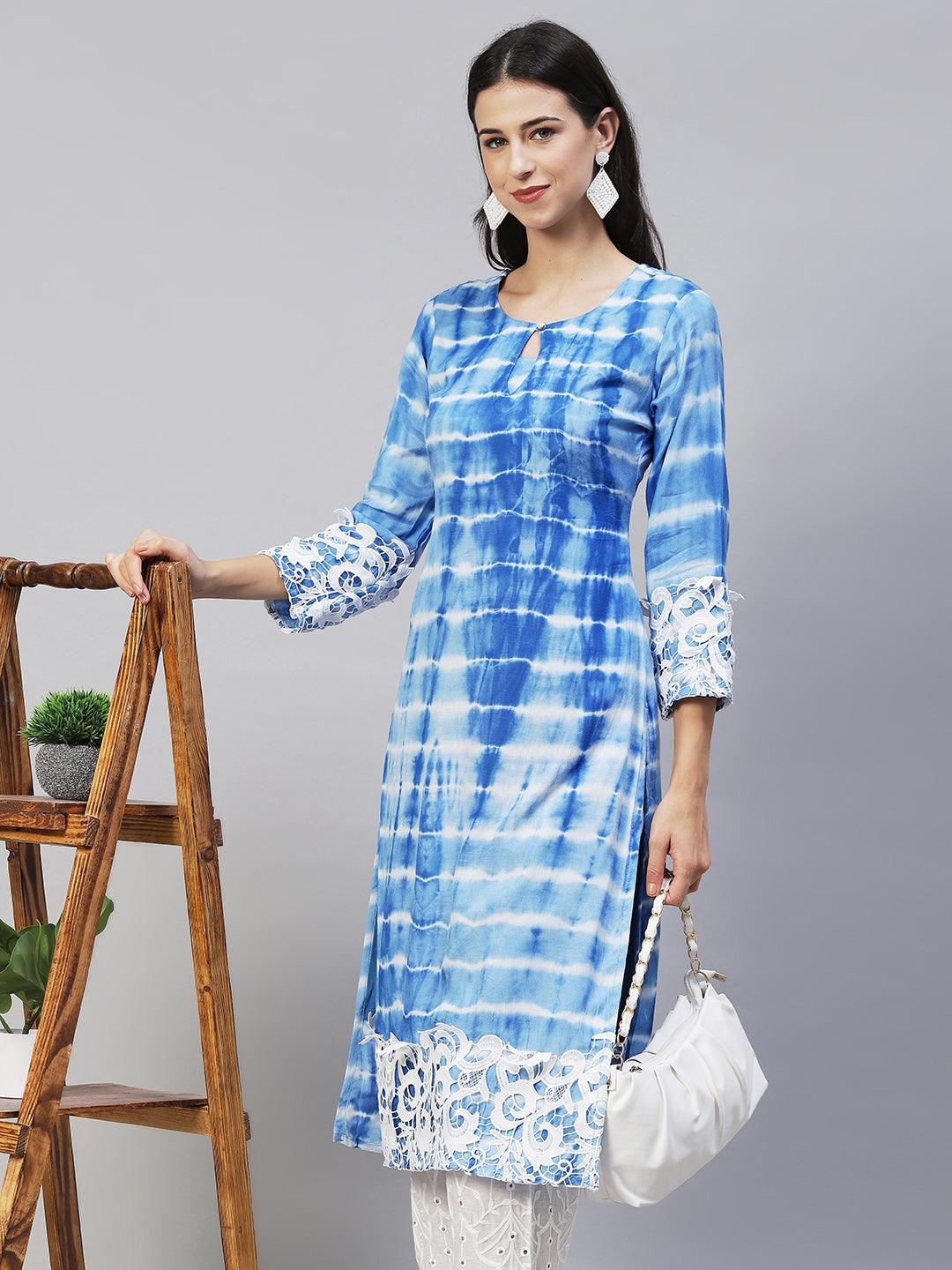 Tie-Dye & Embroidered Straight Kurta with Pants - Blue - Indiakreations