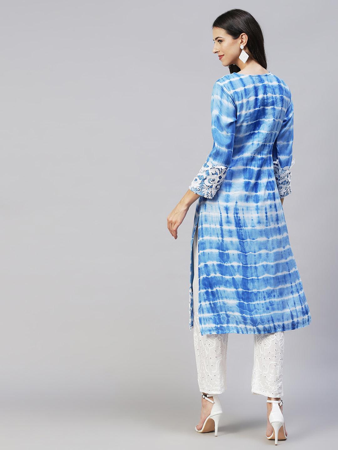 Tie-Dye & Embroidered Straight Kurta with Pants - Blue - Indiakreations