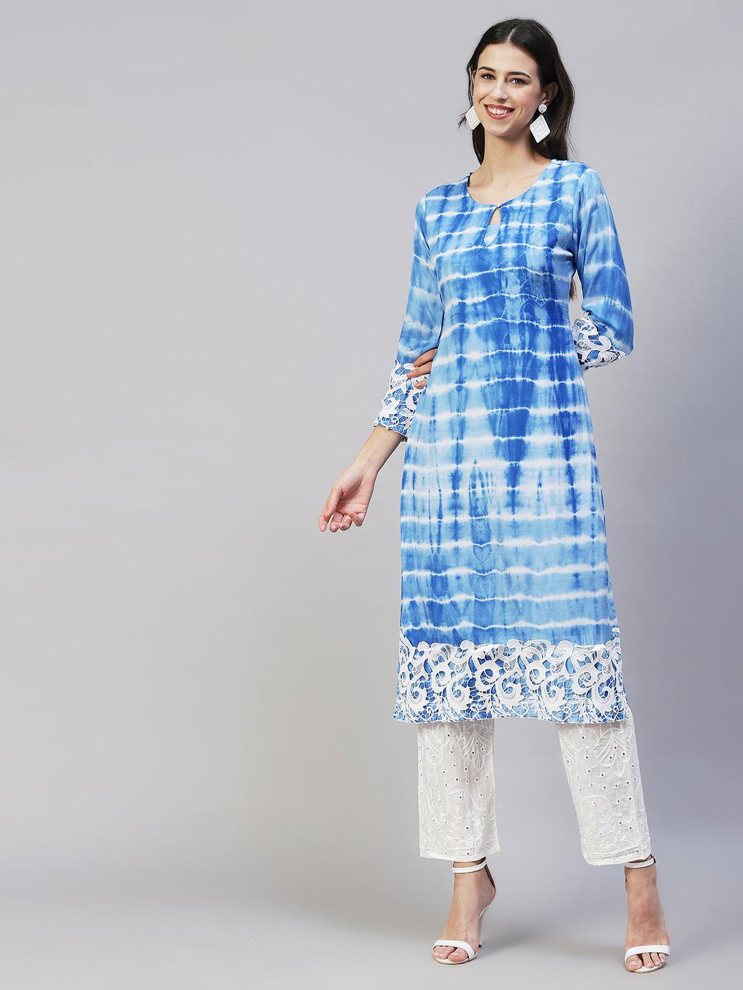 Tie-Dye & Embroidered Straight Kurta with Pants - Blue - Indiakreations