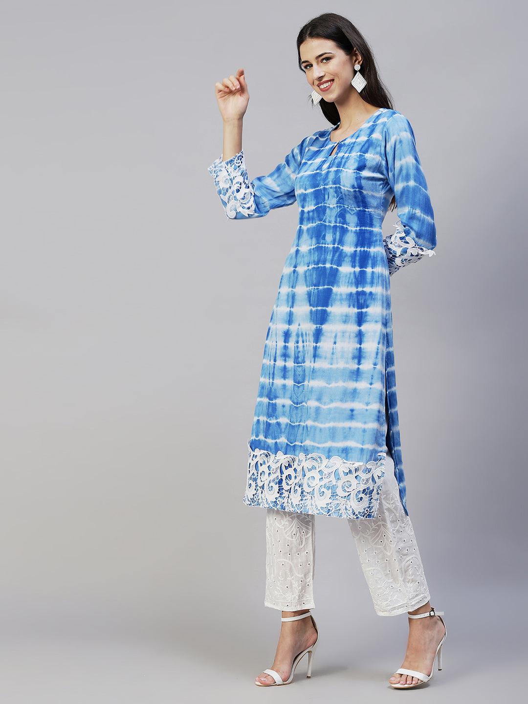 Tie-Dye & Embroidered Straight Kurta with Pants - Blue - Indiakreations