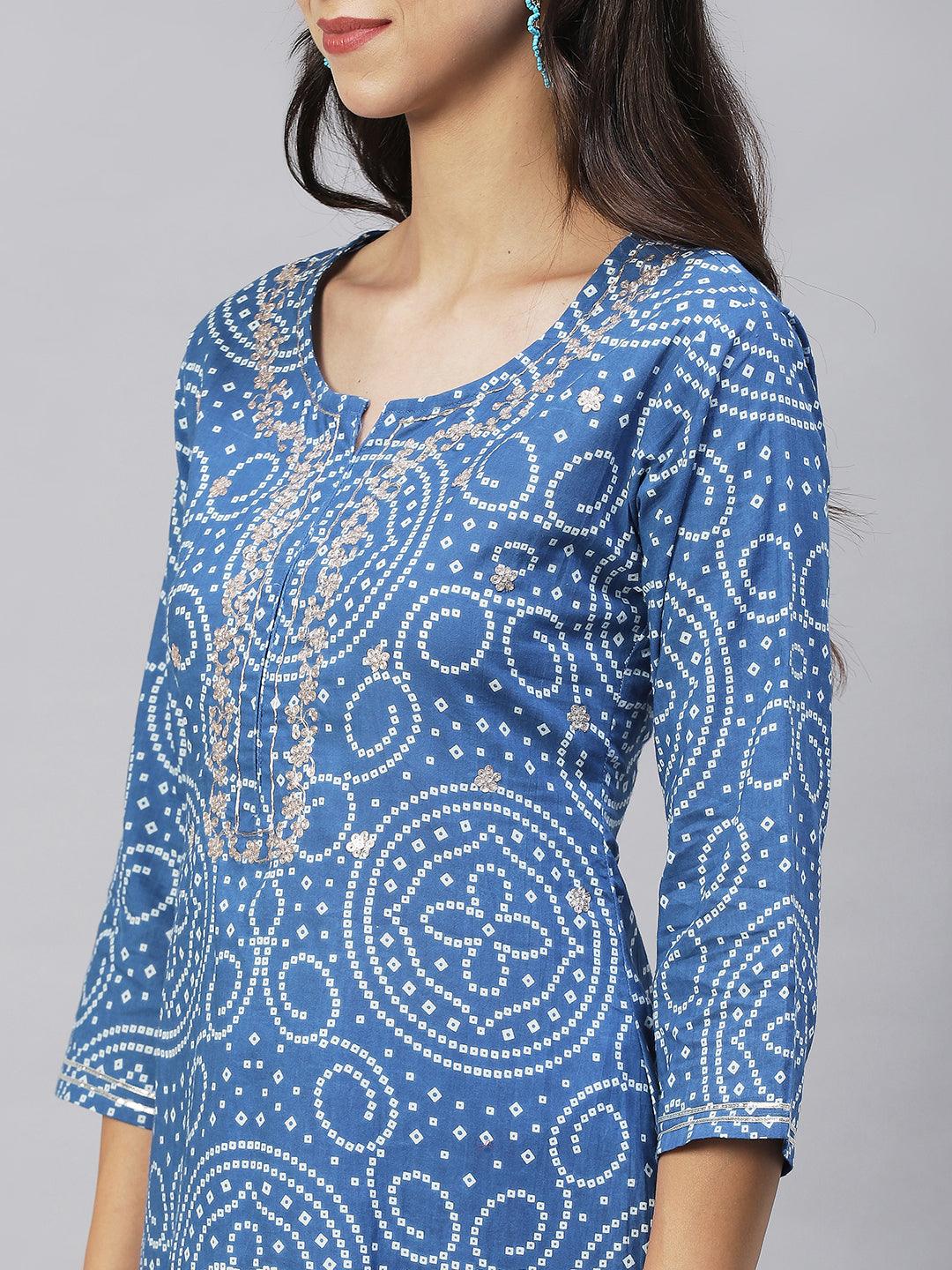 Bandhani Printed & Embroidered Straight Fit Kurta with Pants - Blue - Indiakreations