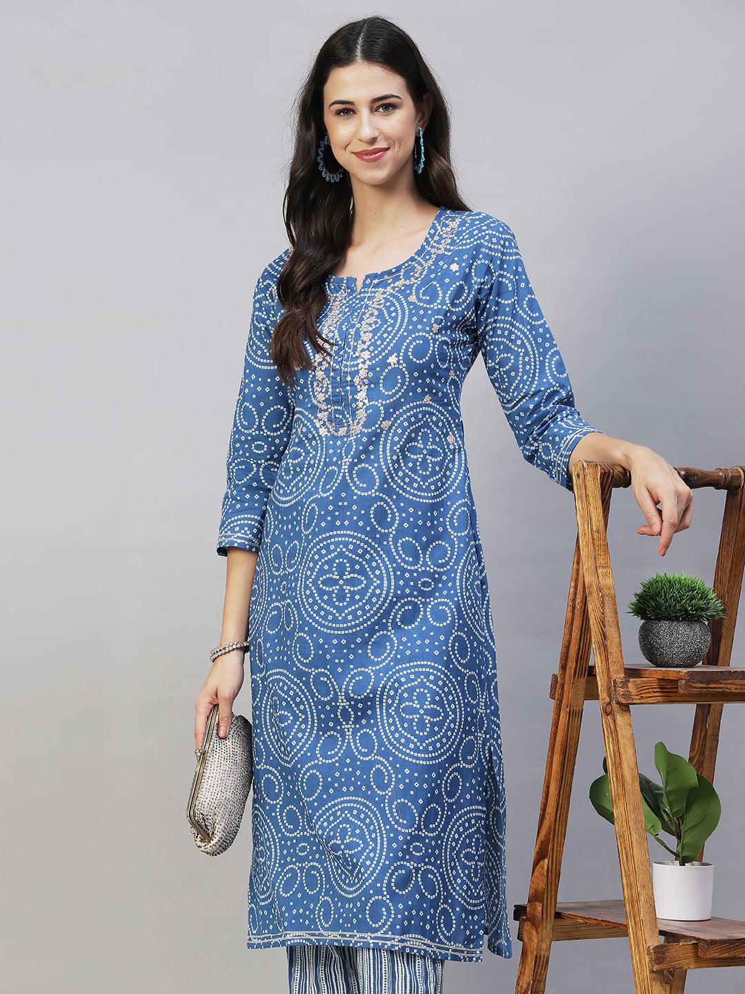 Bandhani Printed & Embroidered Straight Fit Kurta with Pants - Blue - Indiakreations