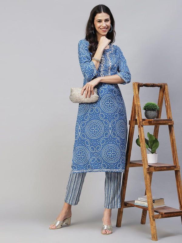 Bandhani Printed & Embroidered Straight Fit Kurta with Pants - Blue - Indiakreations