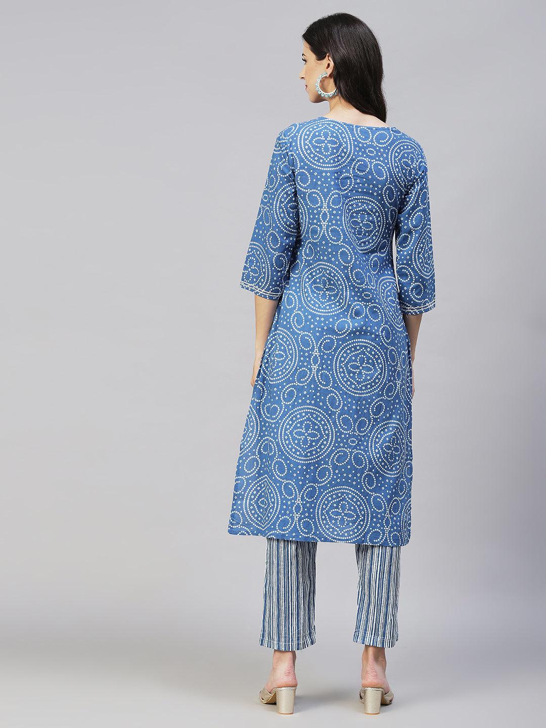 Bandhani Printed & Embroidered Straight Fit Kurta with Pants - Blue - Indiakreations