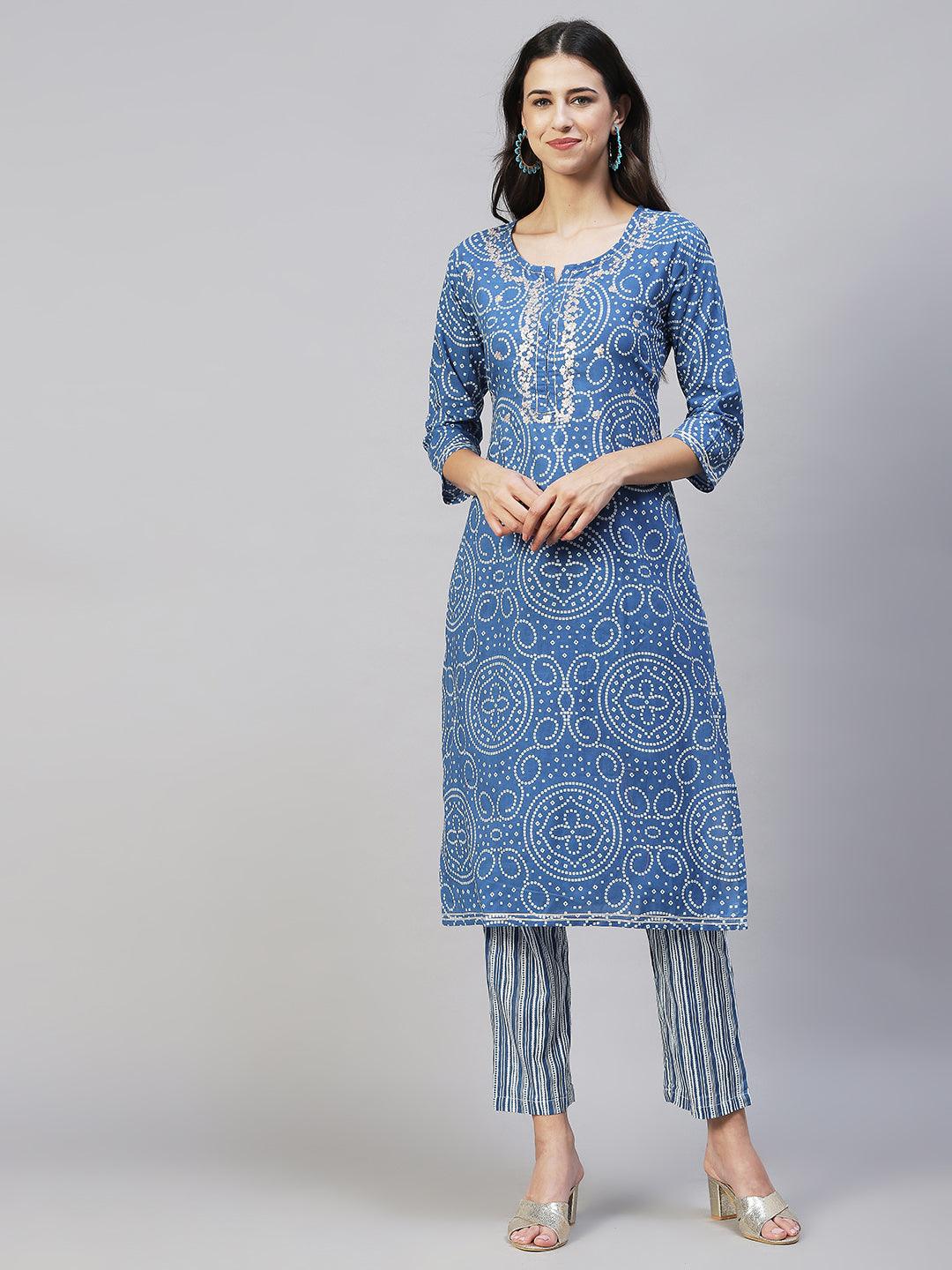 Bandhani Printed & Embroidered Straight Fit Kurta with Pants - Blue - Indiakreations