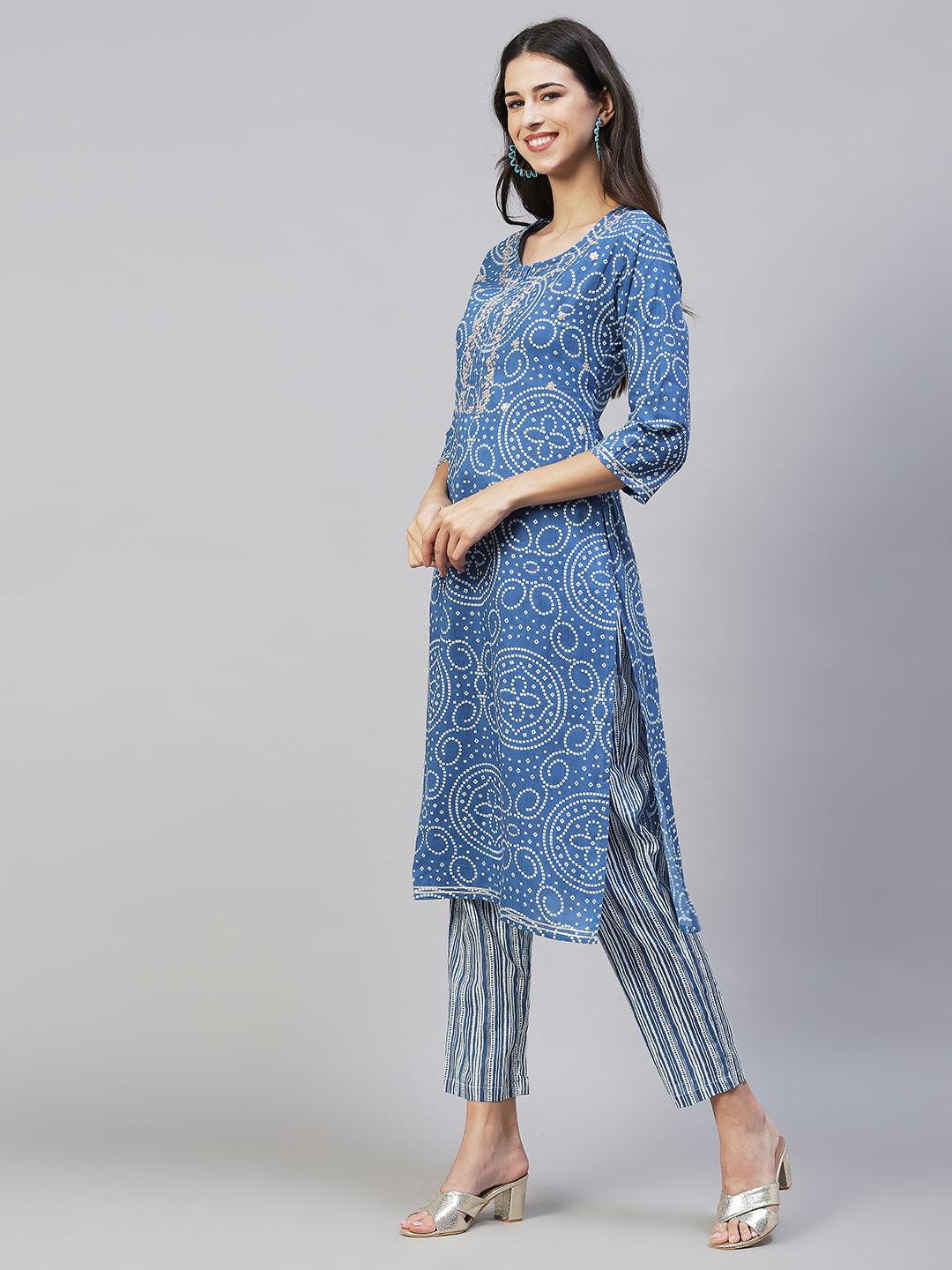 Bandhani Printed & Embroidered Straight Fit Kurta with Pants - Blue - Indiakreations