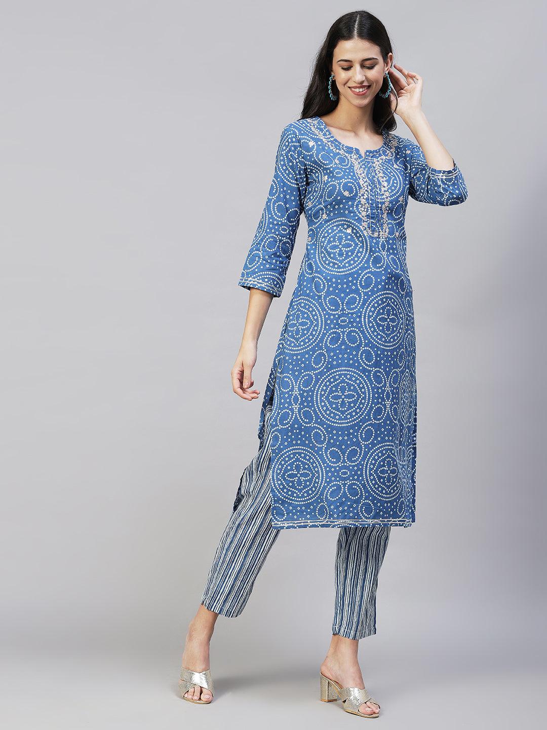 Bandhani Printed & Embroidered Straight Fit Kurta with Pants - Blue - Indiakreations