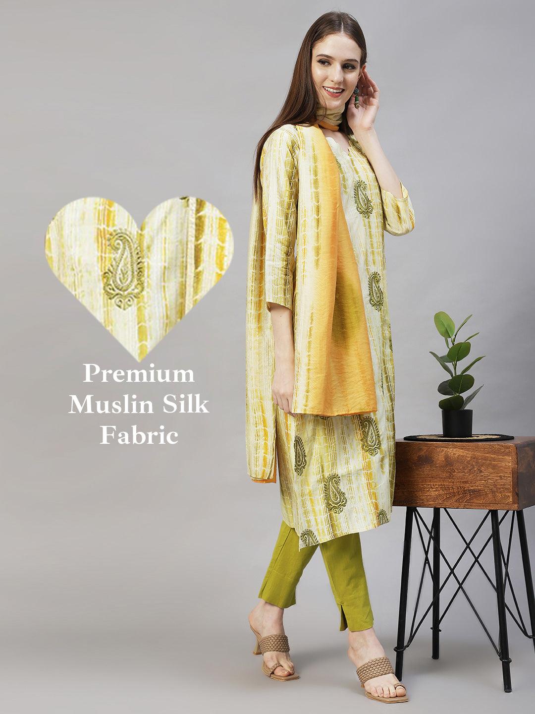 Ethnic Printed & Embroidered Straight Kurta with Dupatta – Light Green - Indiakreations