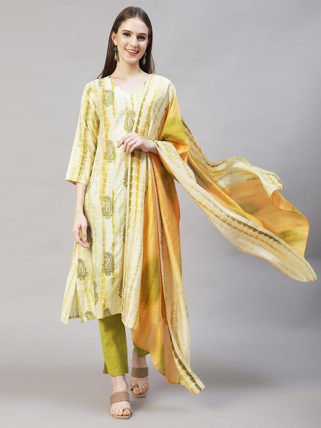 Ethnic Printed & Embroidered Straight Kurta with Dupatta – Light Green - Indiakreations