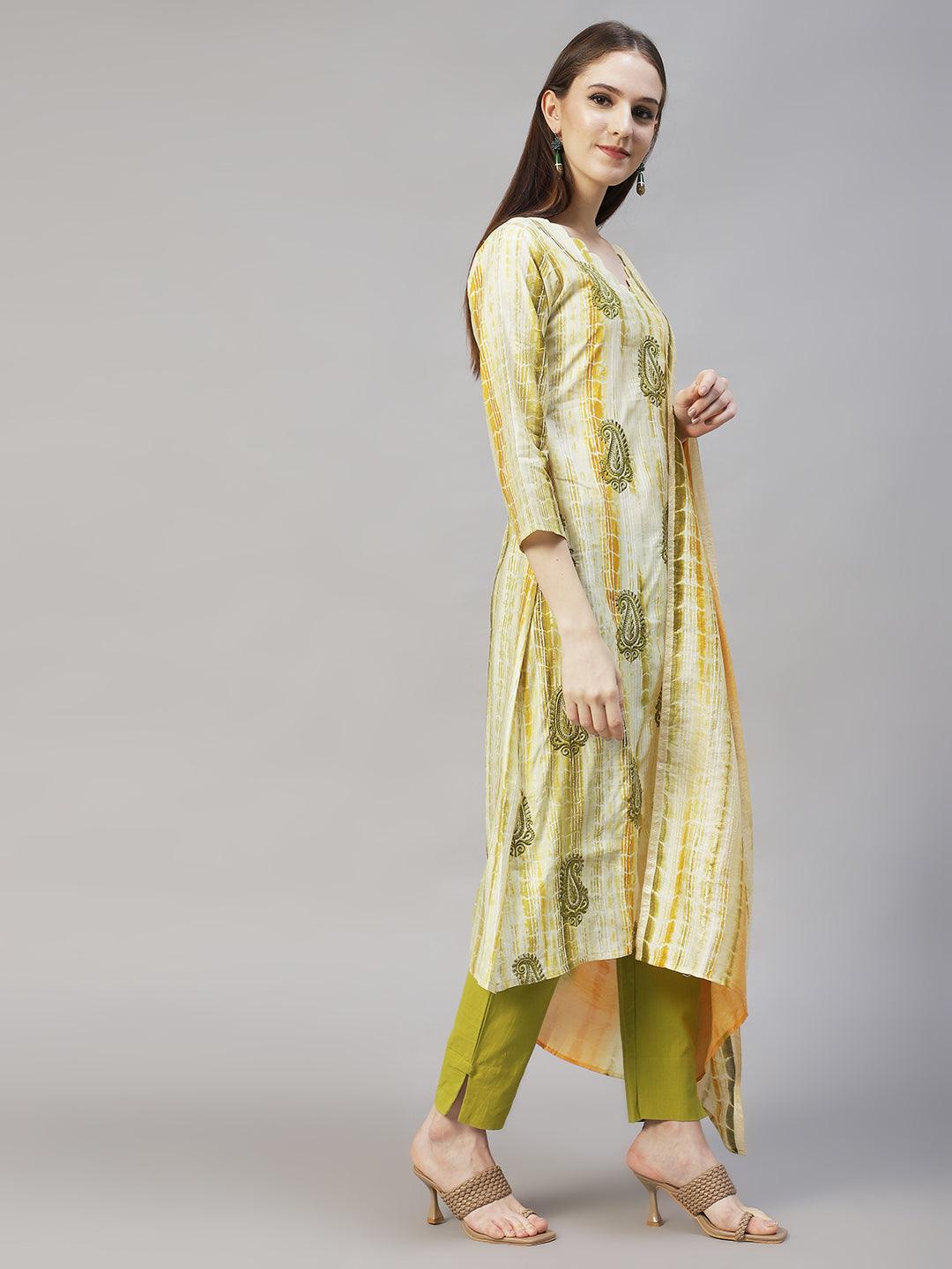 Ethnic Printed & Embroidered Straight Kurta with Dupatta – Light Green - Indiakreations