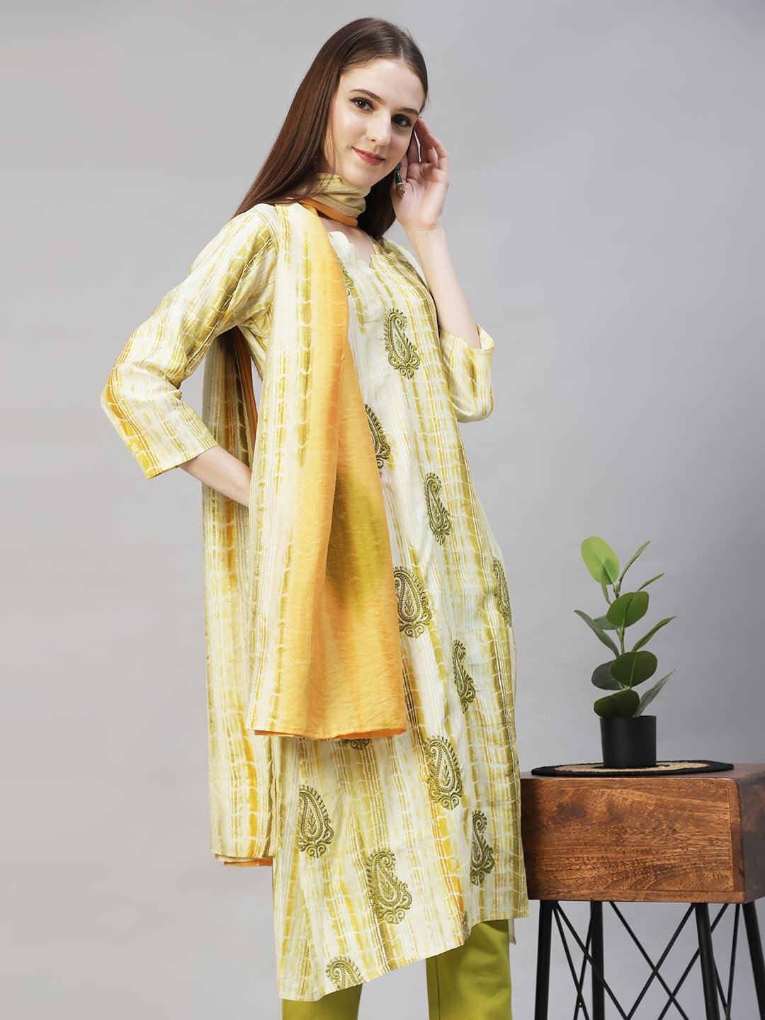 Ethnic Printed & Embroidered Straight Kurta with Dupatta – Light Green - Indiakreations