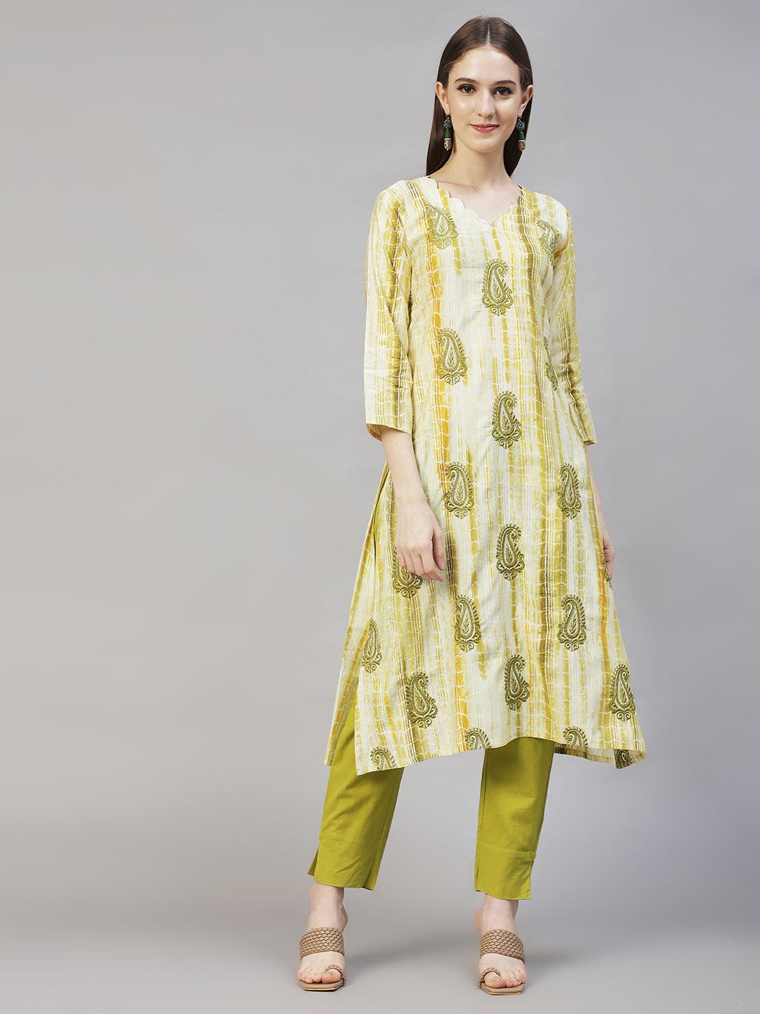 Ethnic Printed & Embroidered Straight Kurta with Dupatta – Light Green - Indiakreations