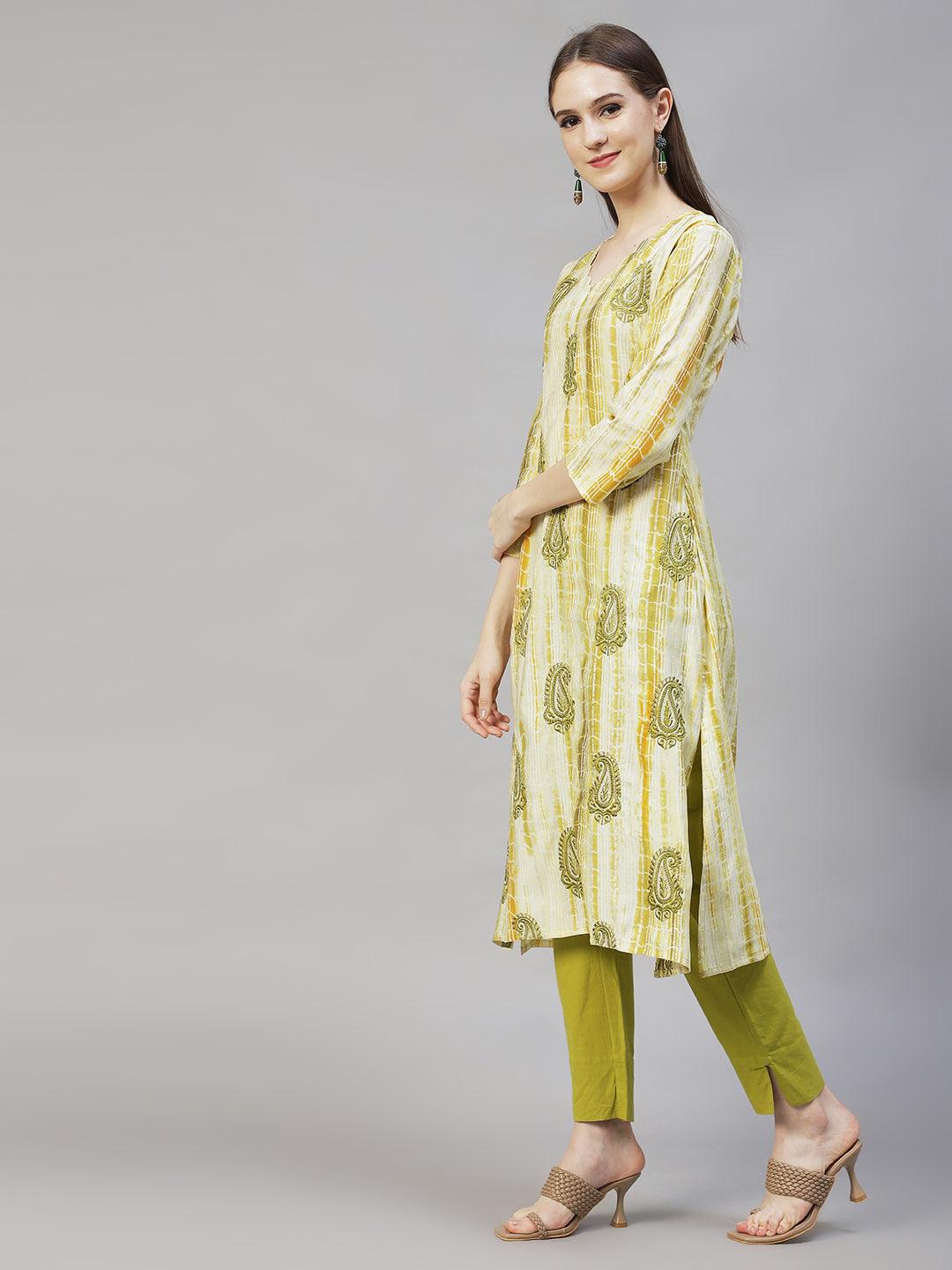 Ethnic Printed & Embroidered Straight Kurta with Dupatta – Light Green - Indiakreations