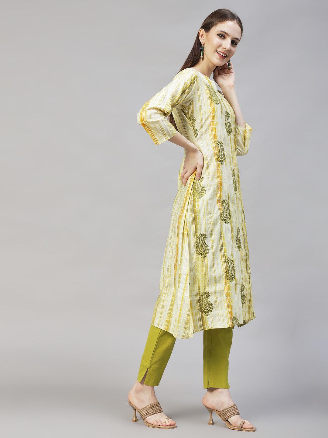 Ethnic Printed & Embroidered Straight Kurta with Dupatta – Light Green - Indiakreations