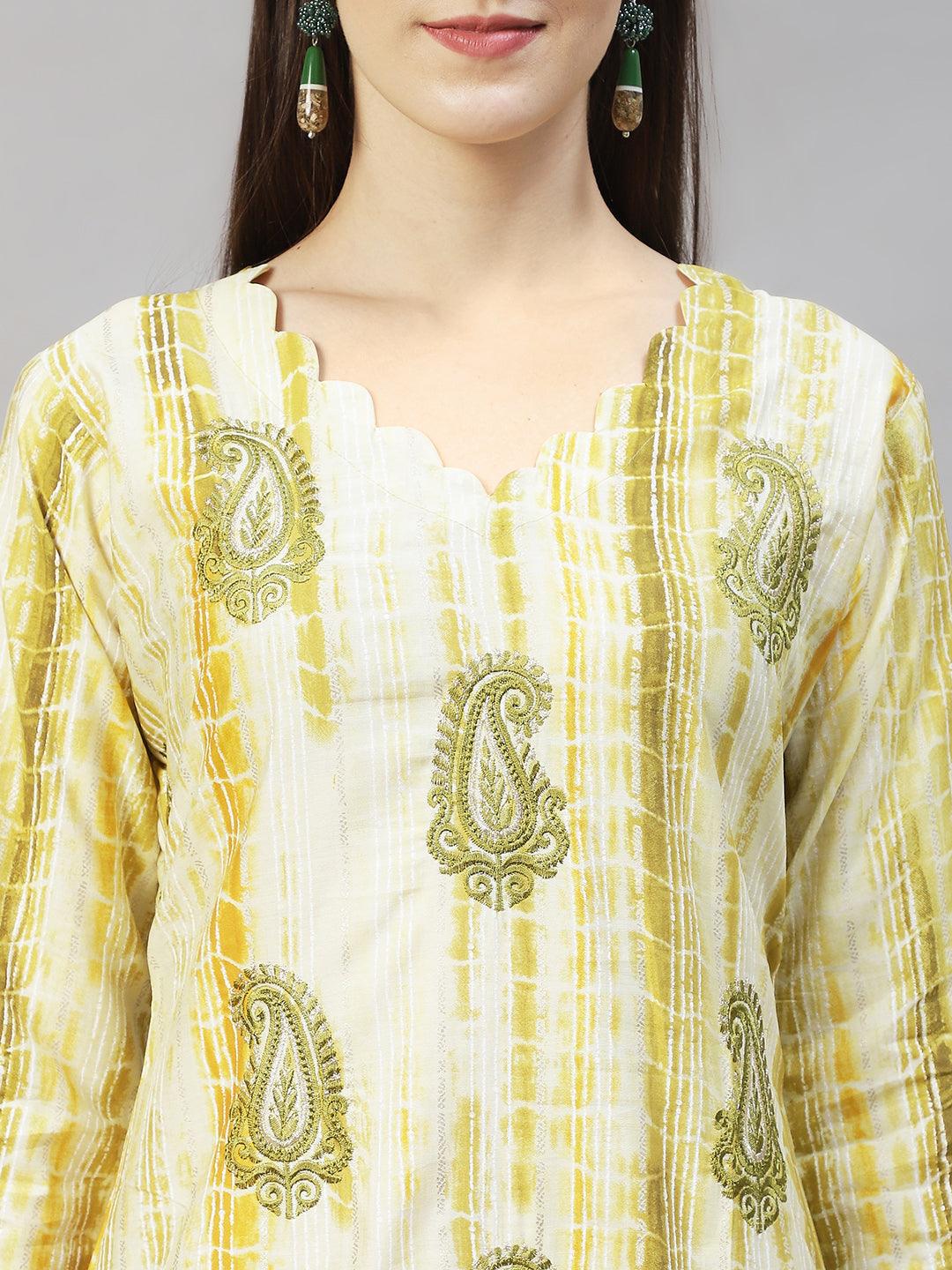 Ethnic Printed & Embroidered Straight Kurta with Dupatta – Light Green - Indiakreations