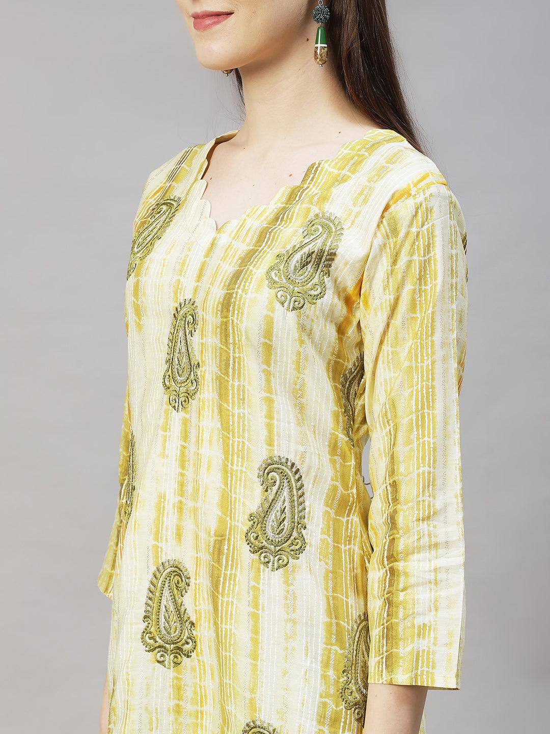 Ethnic Printed & Embroidered Straight Kurta with Dupatta – Light Green - Indiakreations