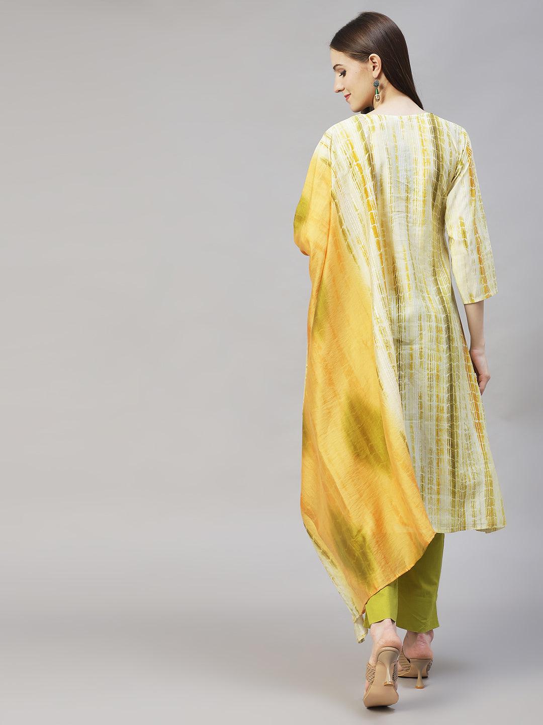 Ethnic Printed & Embroidered Straight Kurta with Dupatta – Light Green - Indiakreations