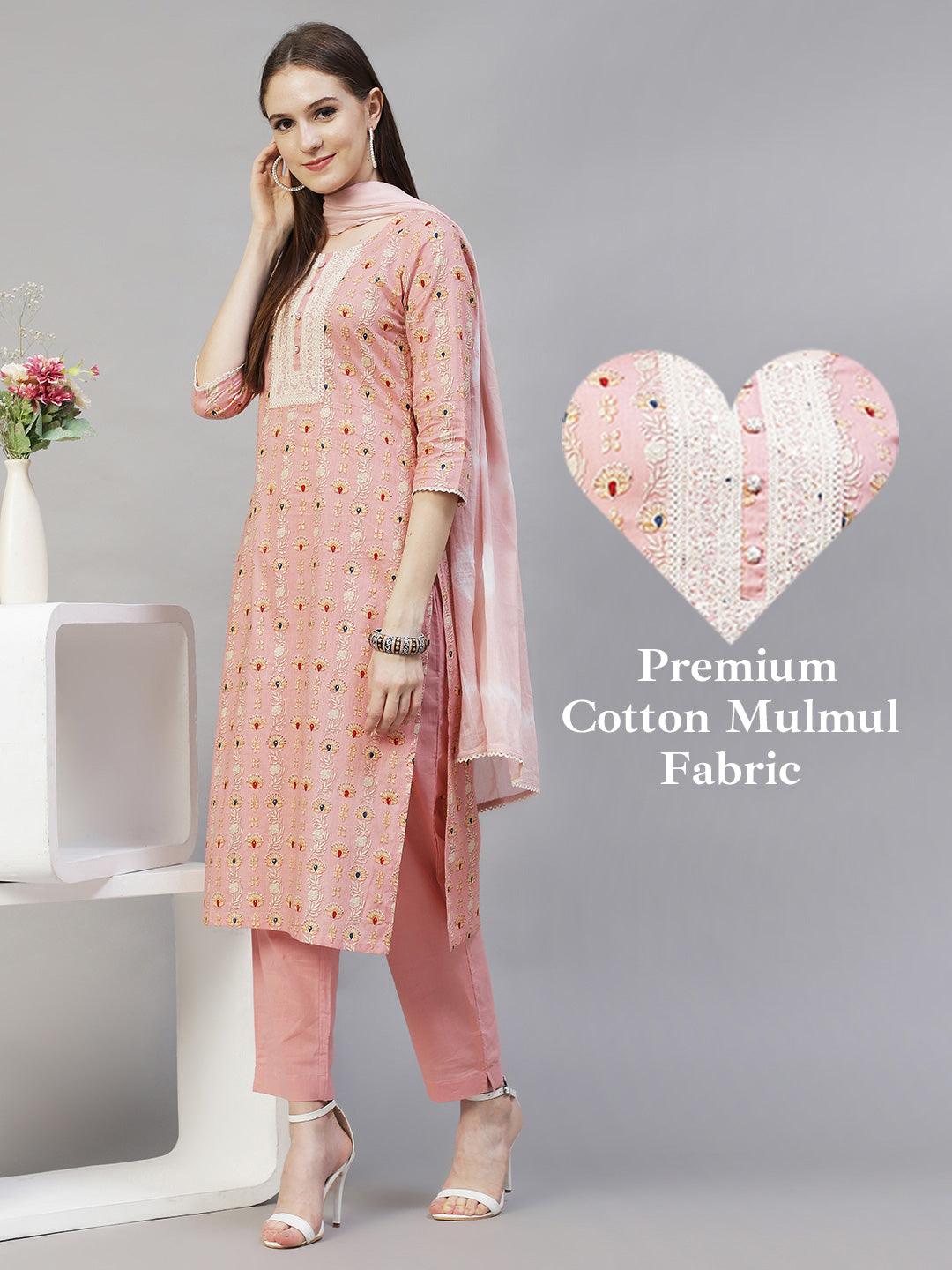 Floral Printed & Embroidered Kurta with Pants & Dupatta – Pastel Pink - Indiakreations