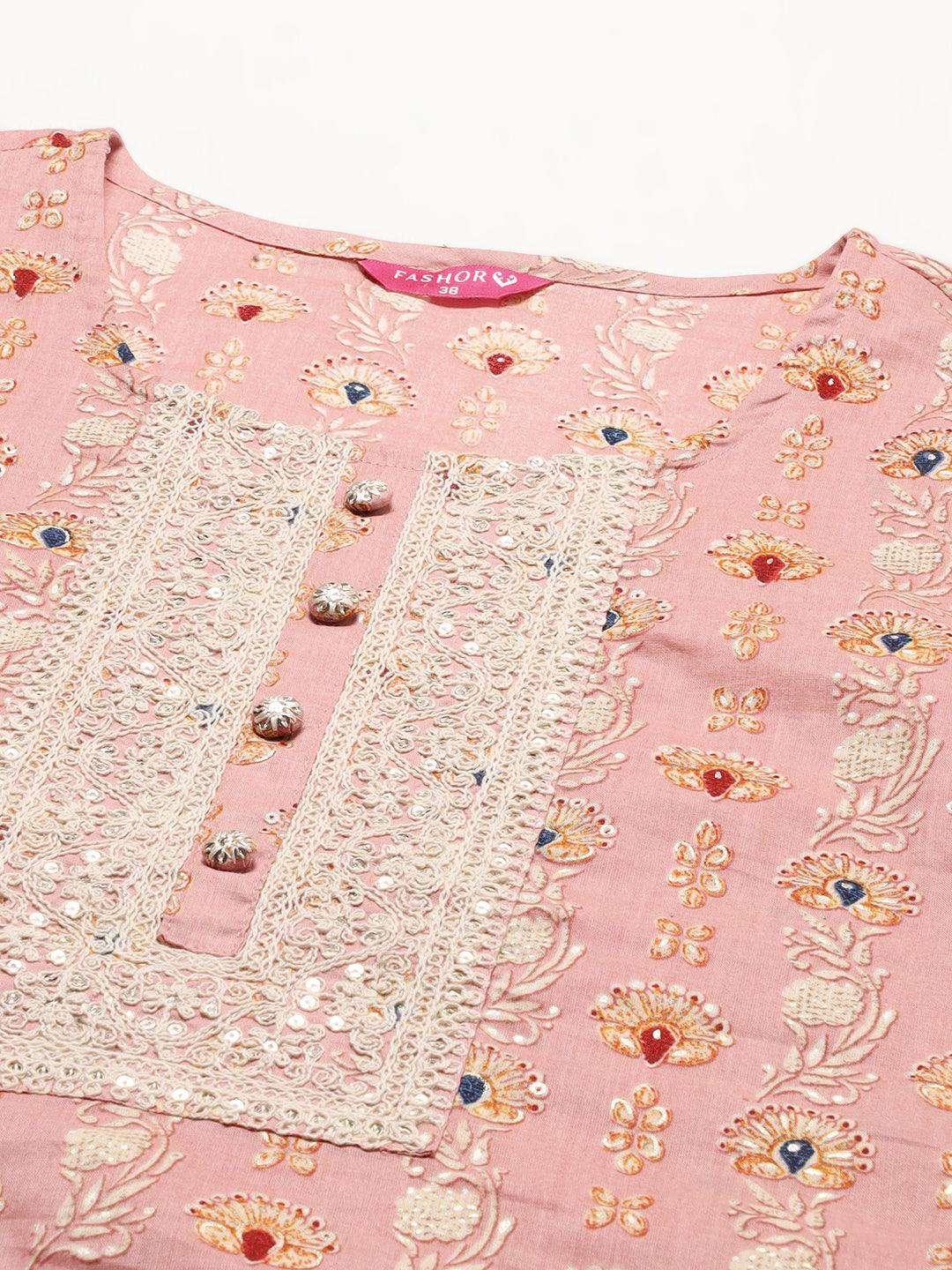 Floral Printed & Embroidered Kurta with Pants & Dupatta – Pastel Pink - Indiakreations