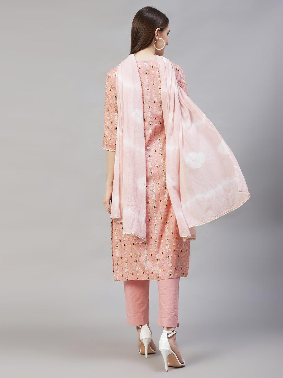 Floral Printed & Embroidered Kurta with Pants & Dupatta – Pastel Pink - Indiakreations