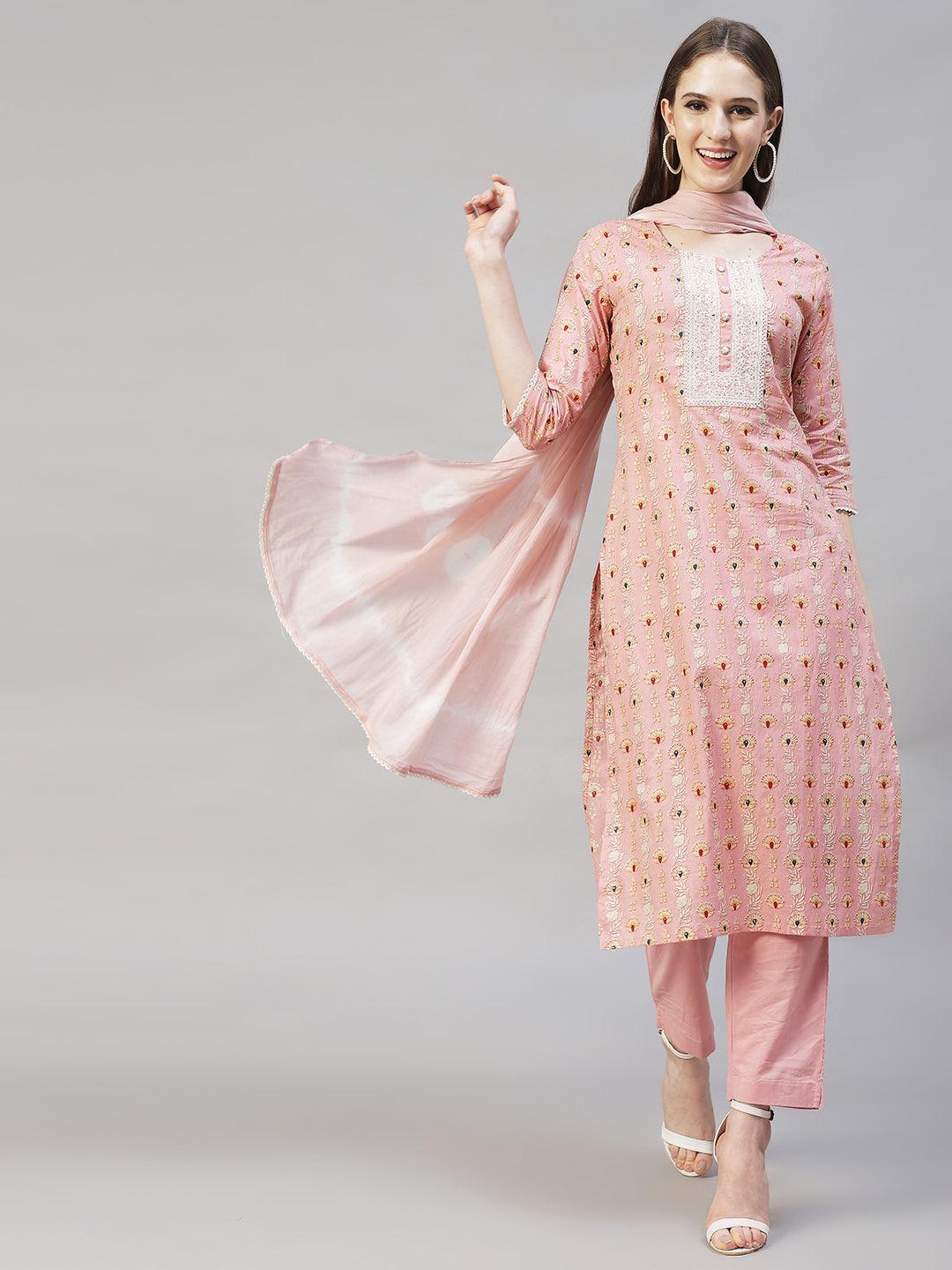 Floral Printed & Embroidered Kurta with Pants & Dupatta – Pastel Pink - Indiakreations