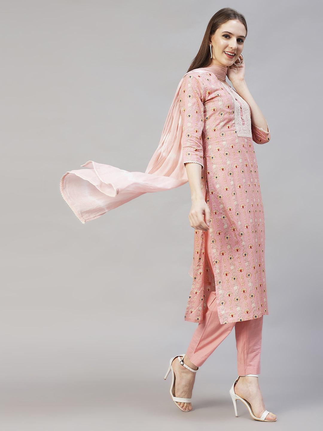 Floral Printed & Embroidered Kurta with Pants & Dupatta – Pastel Pink - Indiakreations