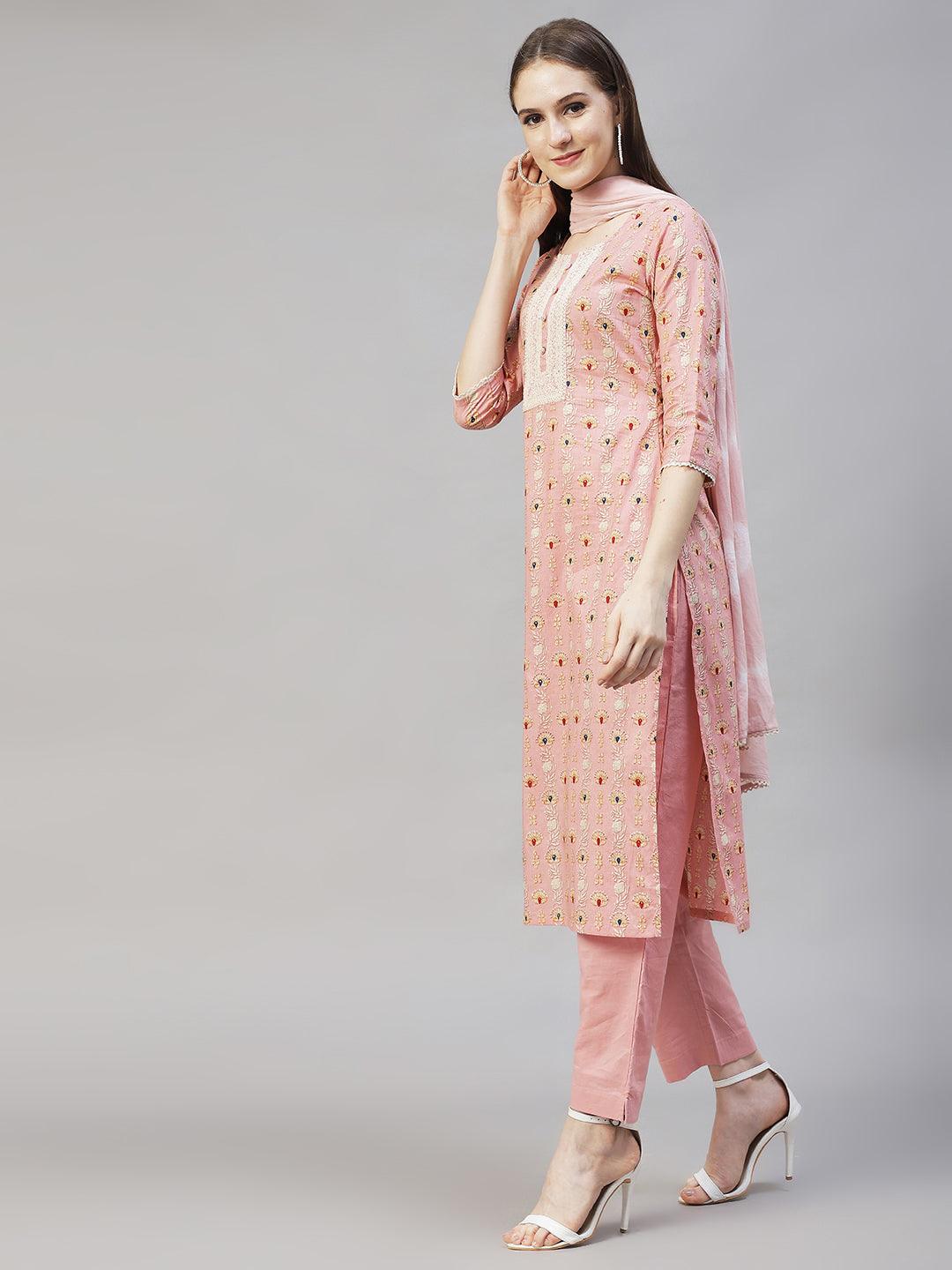 Floral Printed & Embroidered Kurta with Pants & Dupatta – Pastel Pink - Indiakreations