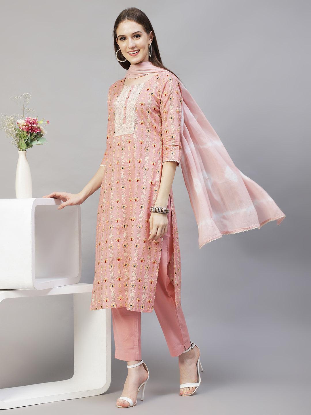 Floral Printed & Embroidered Kurta with Pants & Dupatta – Pastel Pink - Indiakreations