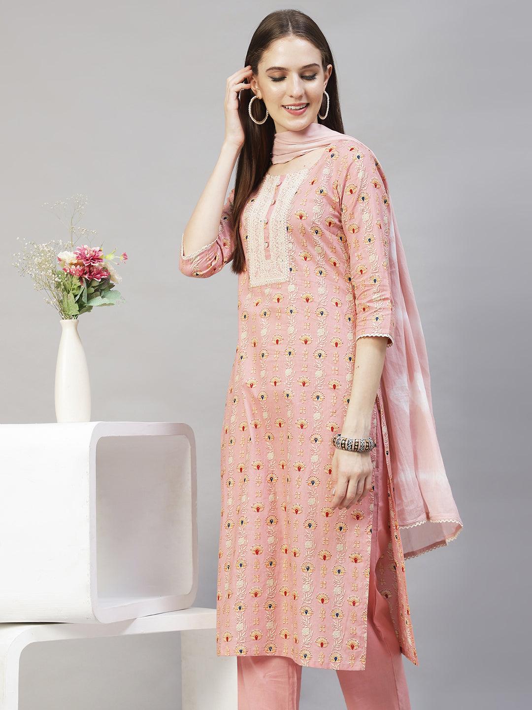 Floral Printed & Embroidered Kurta with Pants & Dupatta – Pastel Pink - Indiakreations