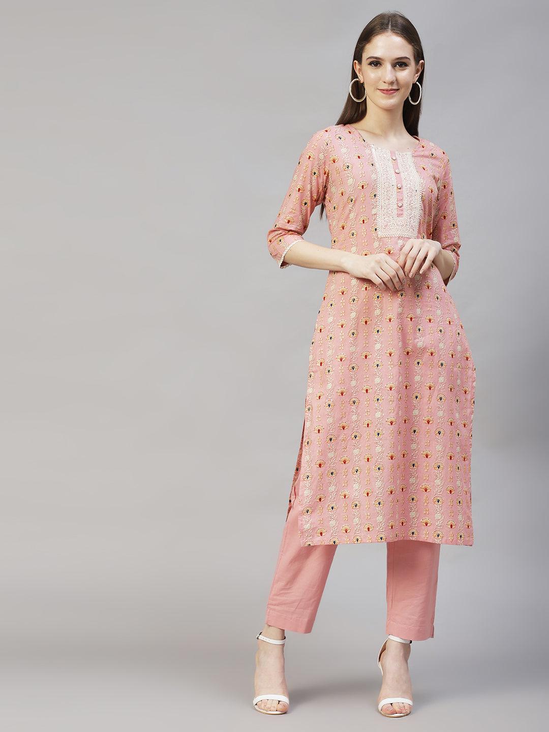 Floral Printed & Embroidered Kurta with Pants & Dupatta – Pastel Pink - Indiakreations